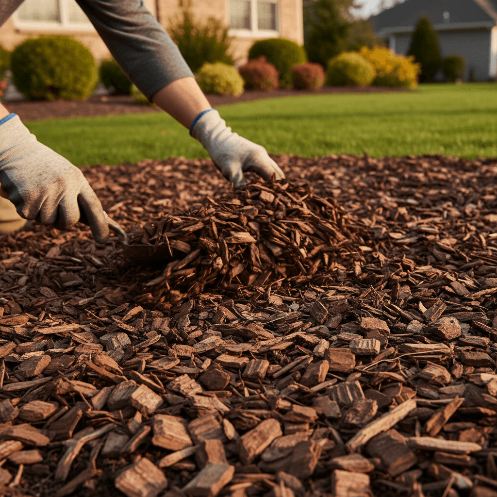 Mulch installation in residential garden bed