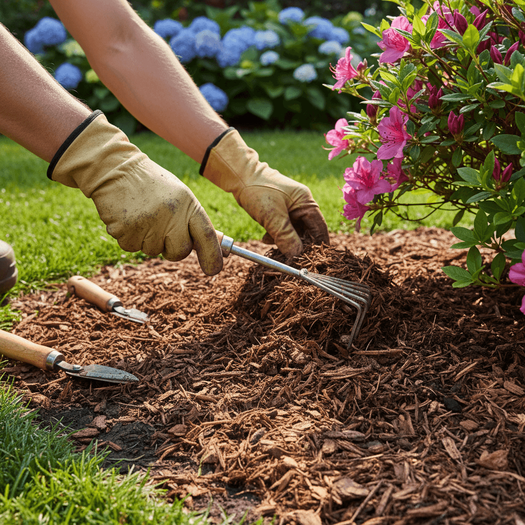 Close-up of landscaper's hands holding mulch