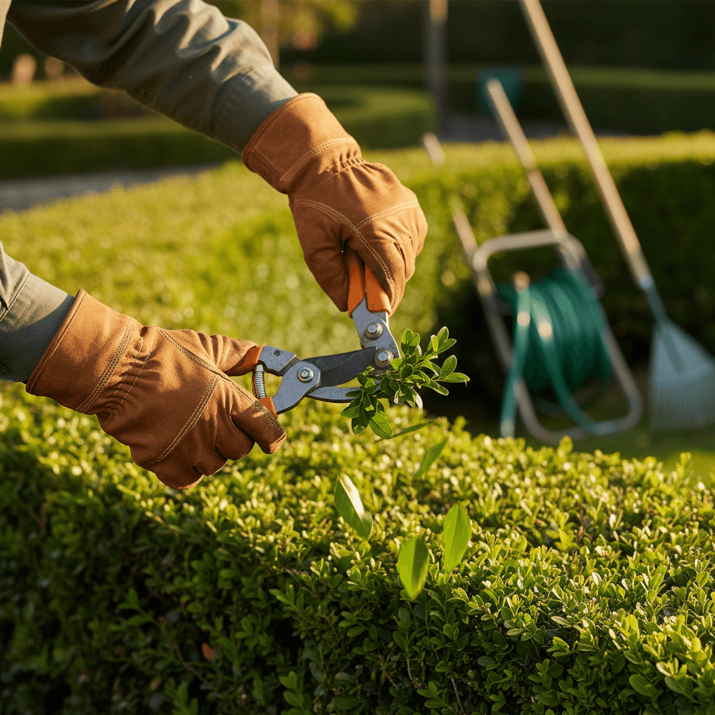 Garcia's Landscaping team member with pruning shears in Oxford yard