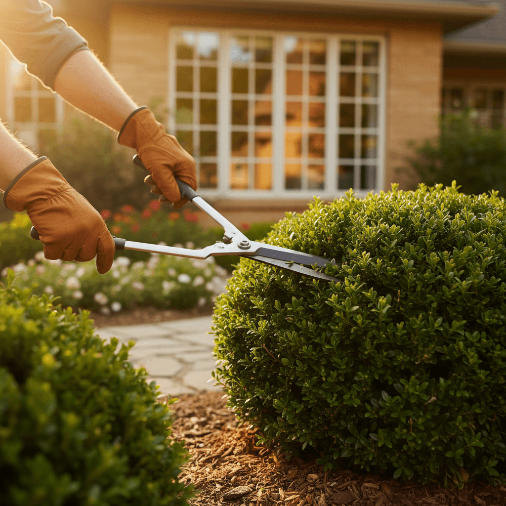Neatly pruned landscaping shrubs framing a home entrance