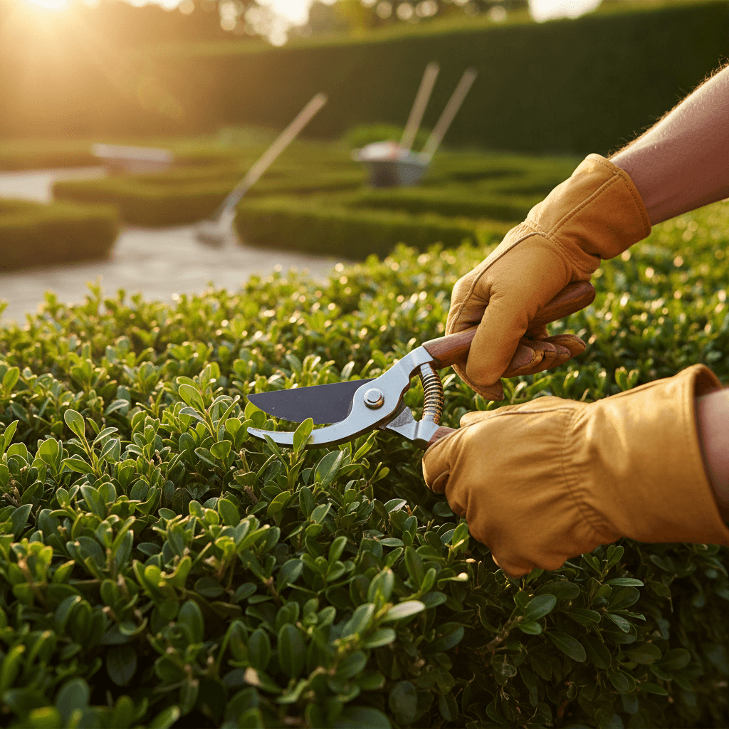 Landscaper holding trimmed hedge clippings in Oxford yard