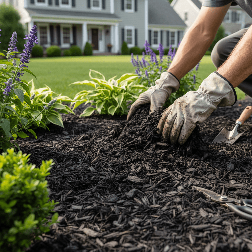 Mulch being applied to garden bed