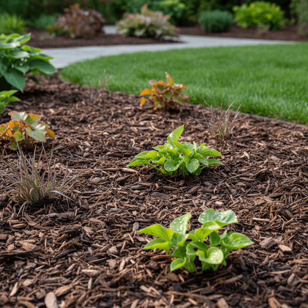 Mulch being carefully spread in a landscape bed