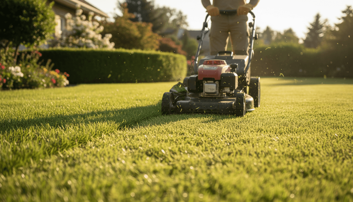Freshly cut residential lawn with clean mow lines