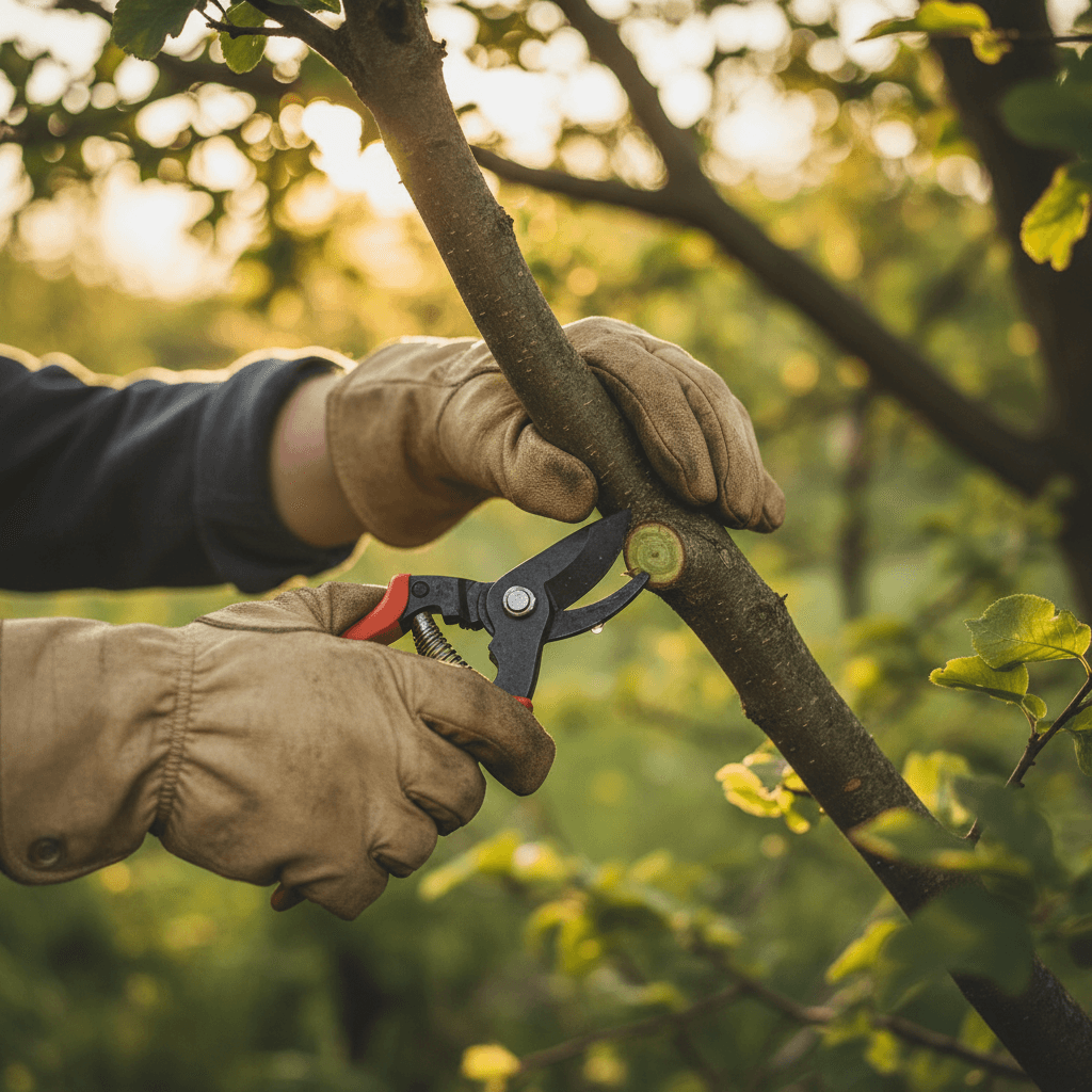 Landscaper pruning overgrown tree branches on residential property