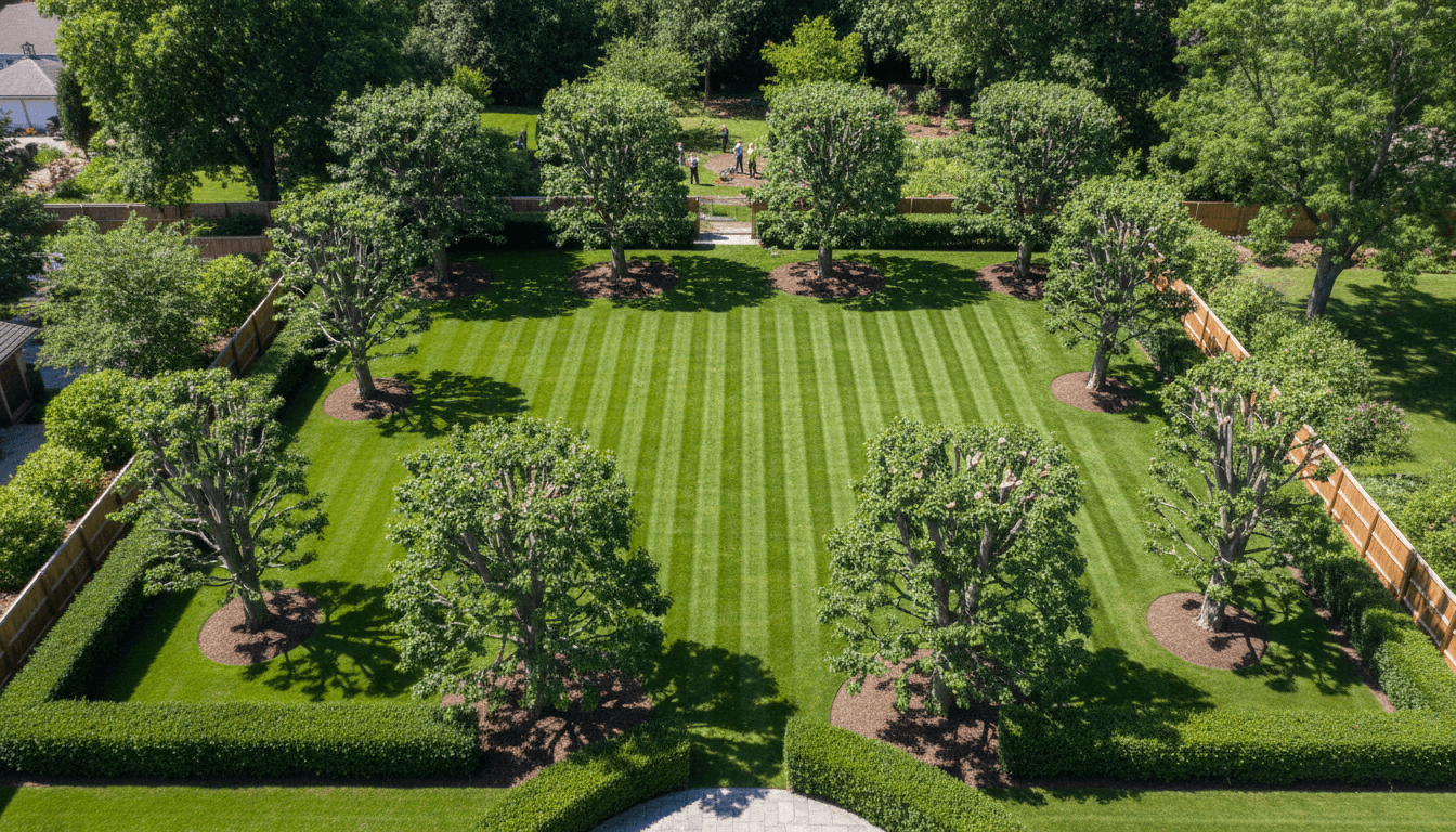 Completed residential landscaping project with mowed lawn and maintained gardens