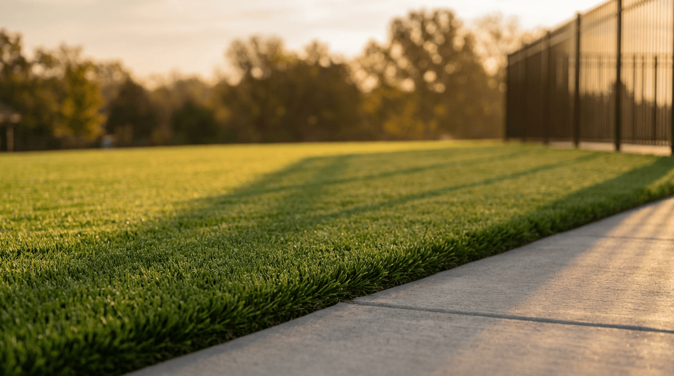 Freshly cut residential lawn in Oxford with mulch beds and landscaping work